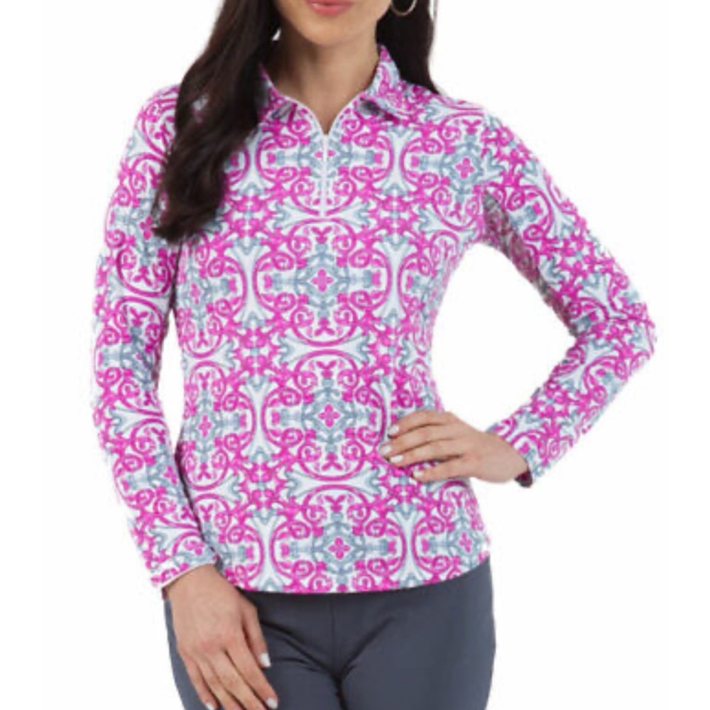 IBKUL Women’s Alice Pink Charcoal Lace Long Sleeve Polo Golf Shirt Size‎ Small